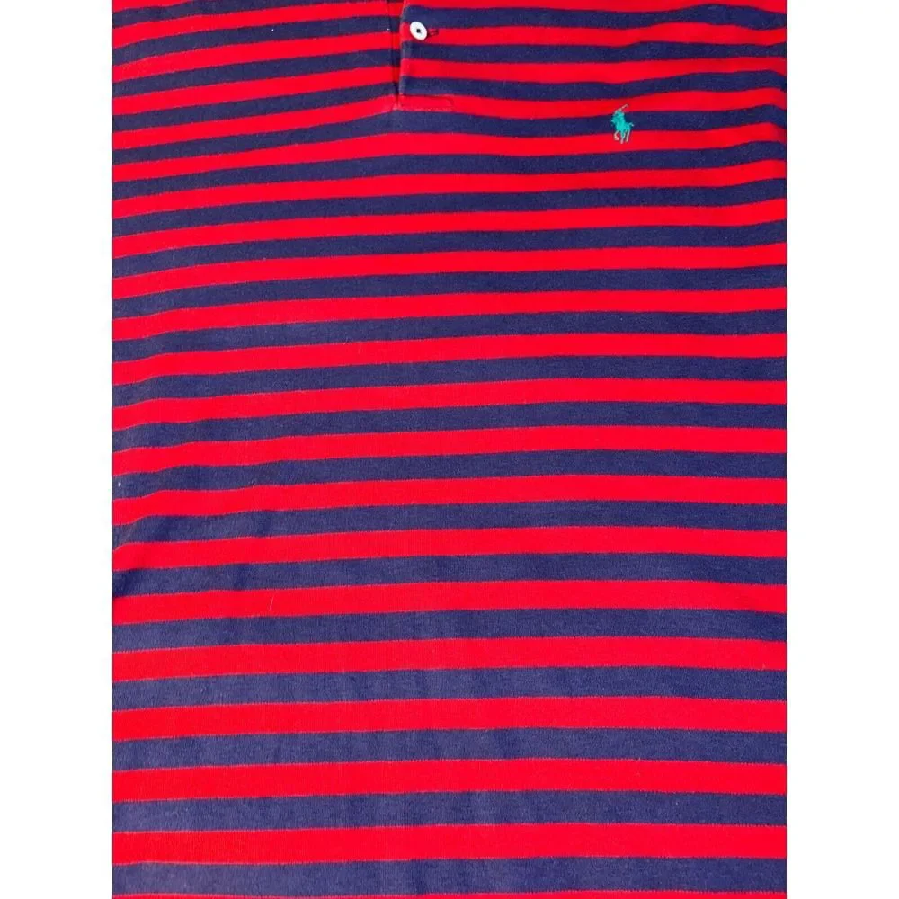 Polo by Ralph Lauren Polo Shirt Men XL Blue Red Stripe Collar High Low Slit Logo